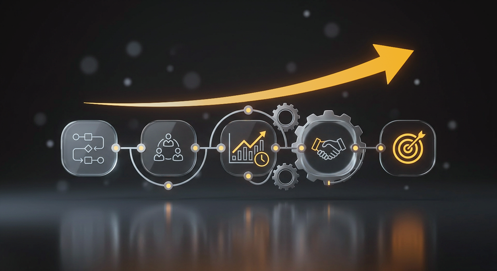 Workflow diagram with connected icons (planning, teamwork, analytics, collaboration, target) and a bold orange arrow pointing upward to symbolize growth.