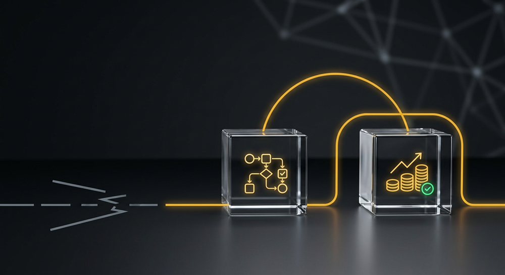 Two glass cubes linked by a glowing yellow line: left cube shows a flowchart, right cube displays an upward-trending graph over coins with a green check mark.